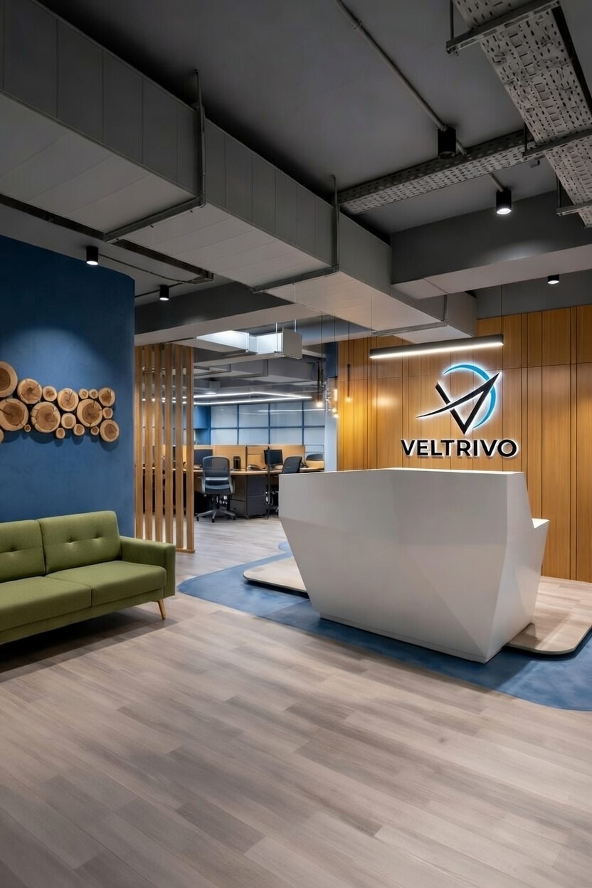 Modern reception desk at Veltrivo office with blue accent wall, wooden elements, green sofa, and open workspace in the background, showcasing our collaborative and innovative environment.
